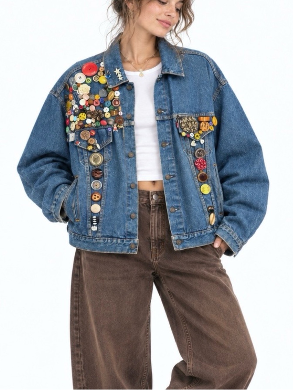 Vintage Levis Denim Custom Novelty Button Statement Jacket 80s Boho Artsy USA XL